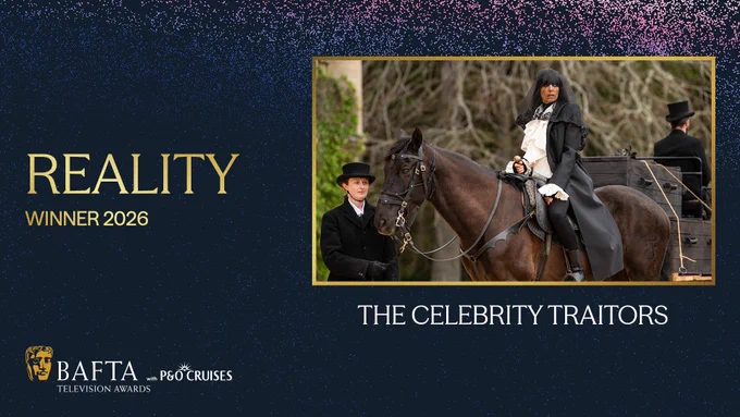 A very dark blue graphic with purple, blue and pink particle detailing that reads ‘Reality winner 2026’ in gold text to the left. The BAFTA Television Awards with P&O Cruises lock-up logo sits on the bottom left of the graphic and to the right there is an image of Claudia Winkleman from The Celebrity Traitors in a gold frame. Beneath the image the text reads ‘The Celebrity Traitors’ 