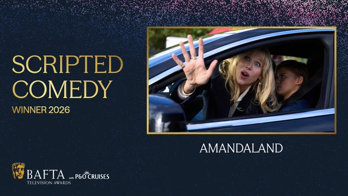 A very dark blue graphic with purple, blue and pink particle detailing that reads ‘Scripted Comedy winner 2026’ in gold text to the left. The BAFTA Television Awards with P&O Cruises lock-up logo sits on the bottom left of the graphic and to the right there is an image of Lucy Punch who plays Amanda in Amandaland in a gold frame. Beneath the image the text reads ‘Amandaland’