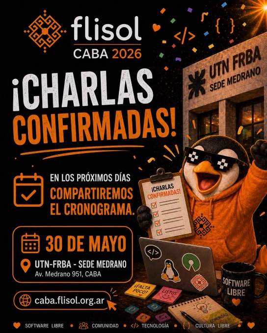 tux festejando que el FLISOL en CABA ya confirmó las charlas para el 30 de Mayo en UTN FRBA en Medrado 951, CABA