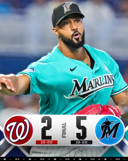 Final Score Graphic 5/10/26
Washington Nationals 2 (19-22), Miami Marlins 5 (19-22)

Pictured: Sandy Alcantara throws to first base during Sunday's game. He is wearing an alternate teal Marlins uniform and a black Marlins hat.