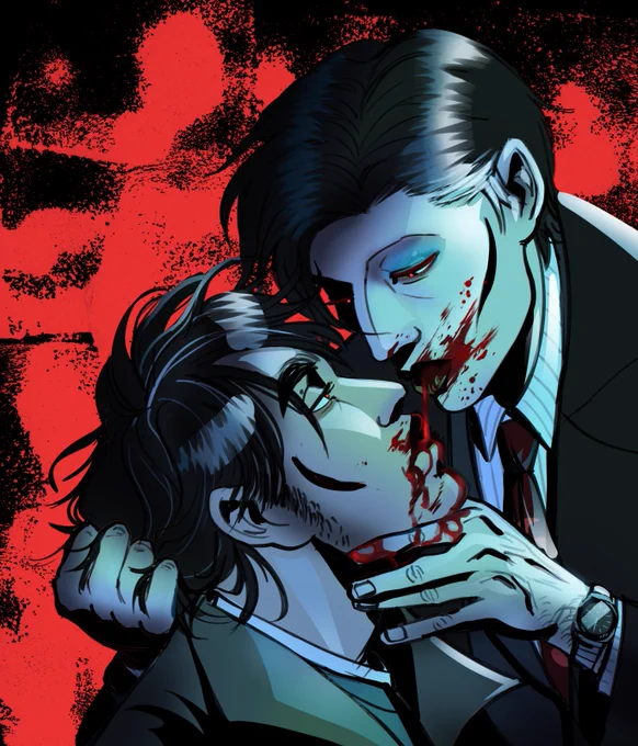 Art of Cora and Nadir who are vampires. Cora is feeding Nadir blood by standing above them and holding them by their chin and hair and spitting the blood into their mouth.