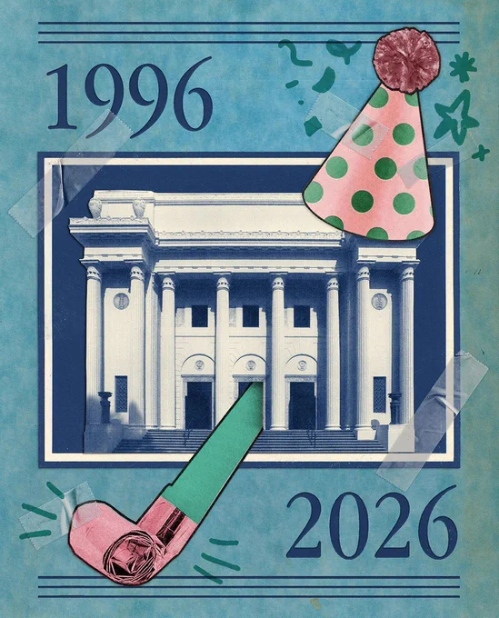 Yearbook-style collage showing “1996” and “2026” around the Internet Archive headquarters building, playfully decorated with a party hat, noisemaker, and doodles, suggesting the passage of time and ongoing civic institutions. 