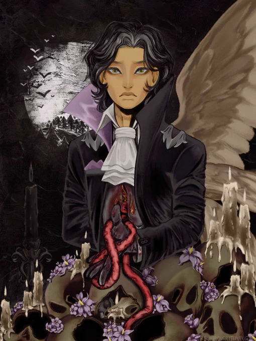 Digital painting of Occtis Tachonis from Critical Role, in the style of Ayami Kojima. In the foreground are 8 skulls representing him and his siblings, each missing a piece. Occtis' skull has a thimble, fox skull, and the Stone of Nightsong within it. They are surrounded by candles and nightshade, one candle being black. Occtis is in the center, gravely wounded. He has a moon with The Path behind him, and has nightingale wings on his back.