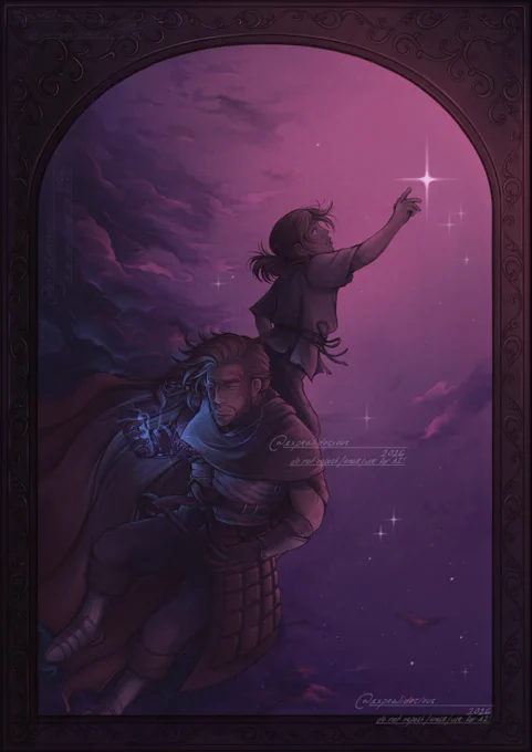 (digital) painting of the character Azune Nayar (Critical Role) and his younger self amidst a sunset landscape within an arched frame — Azune has braided hair and a scar that adorns the right side of his face, all the while adorned in caped armor, as well as a necklace with a child's bracelet along the chain. The scene depicts a younger   present day Azune, soaring amidst a clouded sky (purple/pink), where the younger (adorned in ragged shirt/pants) faces right, extending over the older one's shoulder, reaching towards a star; the older faces leftward, mournful with his hands in front, as blue lightning illuminates from his right. The left side of the sky is more clouded, showing a storm quietly bellowing beneath, while the sky is clearer/more bright along the younger's side; more hopeful. There are stars around them, notably one large and three beside them, but all representing a person worth remembering. 

— made by expealidocious (2026)
DO NOT REPOST, TRACE, or USE FOR AI!