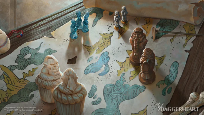 An illustration featuring carved pieces on a fantasy map.