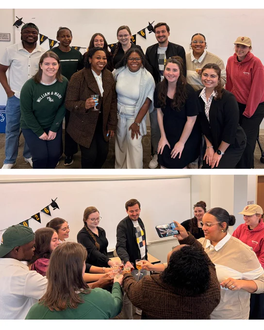 Image 1 
“Group of graduate students pose together in a classroom for a photo during a program event. A banner reading ‘Class of 2026’ hangs on the wall behind them, and several participants stand and kneel in front of it.”
￼
Image 2 
“Graduate students gather in a classroom and raise glasses together in a group toast during a class celebration. One person holds up a phone to capture the moment while others stand around a table.”