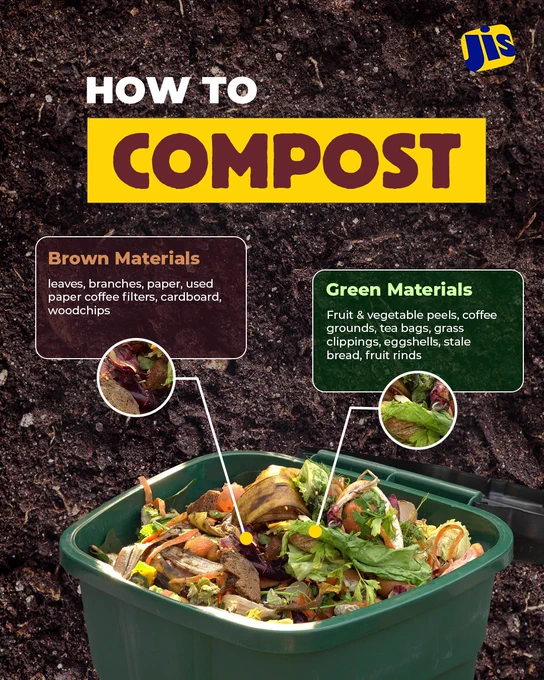 We're in International Compost Awareness Week.

Here are some substances you can use for compost:

Brown materials (e.g. leaves, branches, paper, used paper coffee filters, cardboard, and woodchips)

Green materials (e.g. fruit and vegetable peels, coffee grounds, tea bags, grass clippings, eggshells, stale bread, and fruit rinds) 