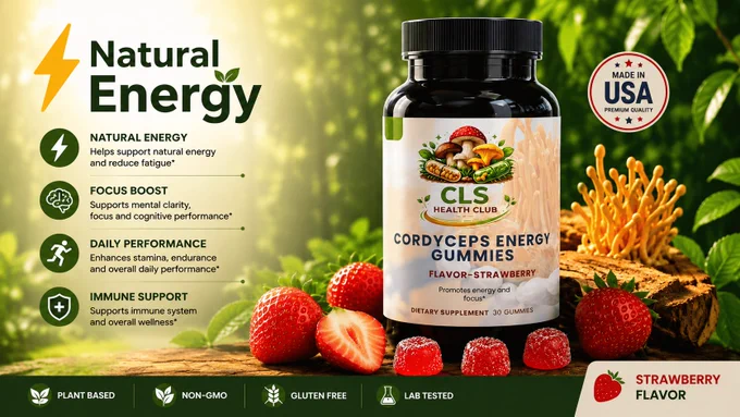 Black bottle of CLS Health Club Cordyceps Energy Gummies in strawberry flavor on a wooden surface with fresh strawberries, green leaves, and a natural forest background, with text highlighting natural energy, focus boost, daily performance, and immune support.