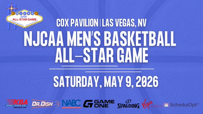 NJCAA Men’s Basketball All-Star Game graphic set for May 9, 2026, at Cox Pavilion in Las Vegas.