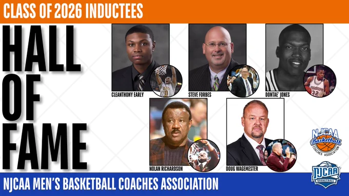 NJCAA Men’s Basketball Coaches Association graphic announcing the Class of 2026 Hall of Fame inductees.