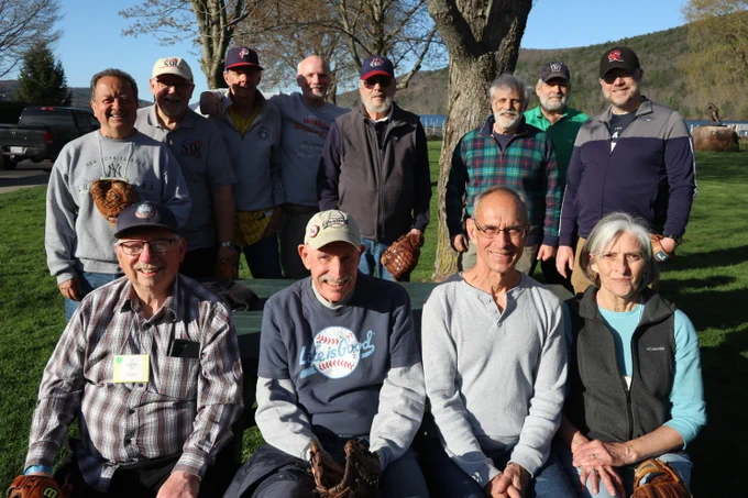 A group of SABR members poses for a photo near Lake Otsego while enjoying a game of catch during a break at the 2026 SABR Frederick Ivor-Campbell 19th Century Baseball Conference at the Baseball Hall of Fame in Cooperstown, New York.