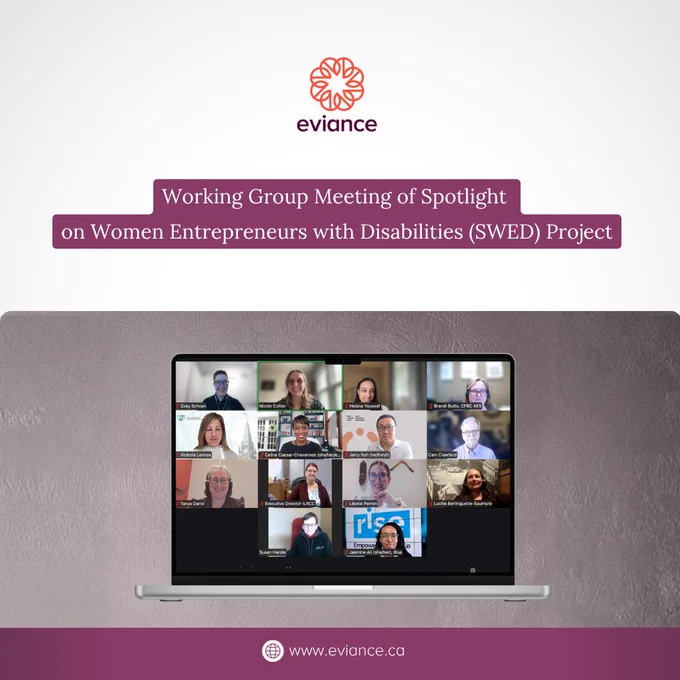 An informational graphic from Eviance titled "Working Group Meeting of Spotlight on Women Entrepreneurs with Disabilities (SWED) Project." The image features a laptop screen displaying a video conference with 14 diverse participants. The organization's logo is at the top, and their website, www.eviance.ca, is at the bottom.