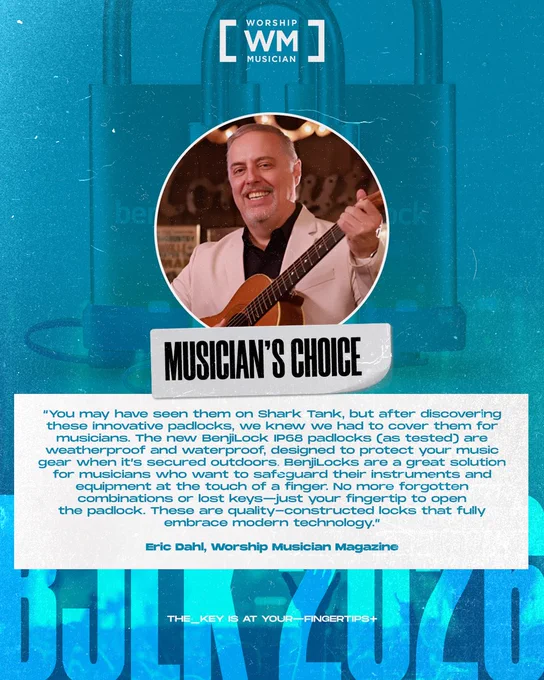 Screenshot from Worship Musician Magazine featuring a quote from Eric Dahl praising the BenjiLock fingerprint padlock as a secure, convenient lock for musicians and gear protection.