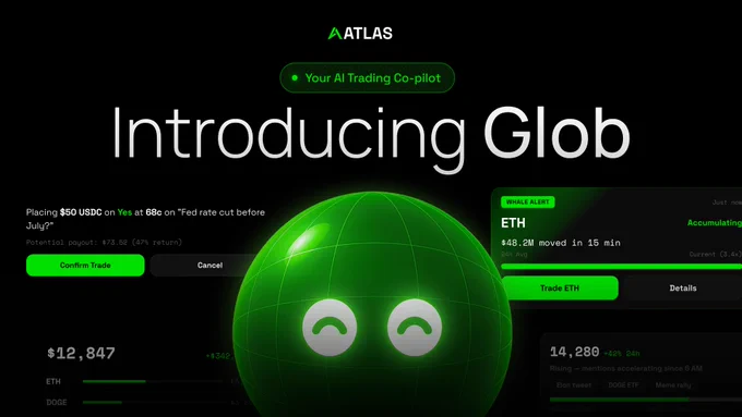 A glowing green globe with a smiling face is central, surrounded by trading information, offering a new service called "Glob."