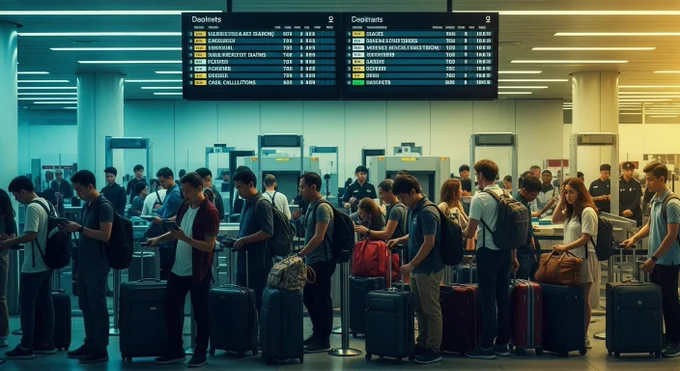 Passengers waiting inside a crowded German international airport during major flight disruptions and airline delays in 2026. Large departure boards display canceled flights, delayed departures, gate changes, and airport warning notifications while travelers stand in long queues near airline service counters. The scene represents airport congestion, aviation operational pressure, weather disruptions, airline strikes, and international travel chaos affecting Germany’s major airports including Frankfurt, Munich, Berlin, and Düsseldorf. Travelers monitor smartphones and airline apps for real-time updates as airport staff manage flight cancellations and rebooking operations. The image highlights growing aviation challenges, European travel disruptions, and passenger delays across busy international airline networks.