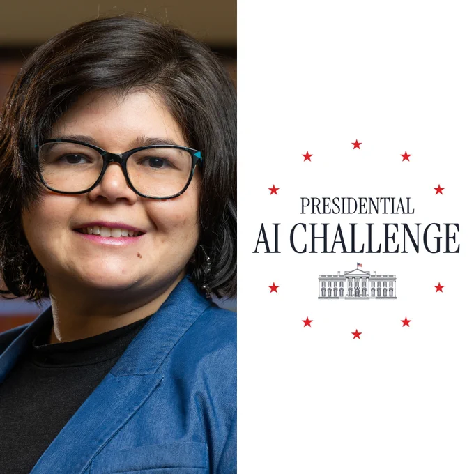 Headshot photo of researcher Aivett Bilbao next to a logo for the Presidential AI Challenge.