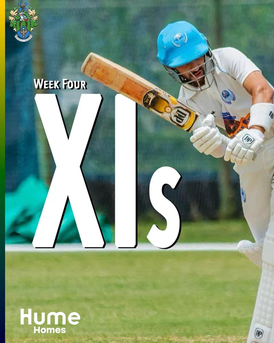 Halstead Cricket Club Week Four XIs announcement cover card. A batsman in a bright blue helmet plays an aggressive drive shot, bat cutting through the frame, against a backdrop of cricket nets. Large white text reads "Week Four XIs". The HCC coat of arms appears top left, and the Hume Homes sponsor logo sits bottom left. A green, yellow and navy stripe runs down the left edge.