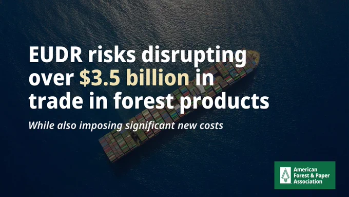 A cargo ship filled with cargo containers in the ocean. The text says, "EUDR risks disrupting over $3.5 billion in trade in forest products while also imposing significant new costs."