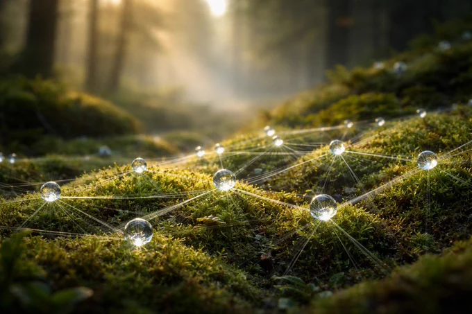 Close-up of moss in a forest with glowing connected nodes and light lines across the ground, suggesting a distributed intelligence network embedded in nature.