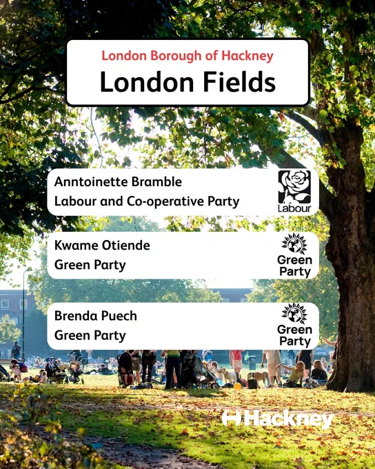 Elected in  London Fields: Anntoinette Bramble, Kwame Otiende, Brenda Puech.