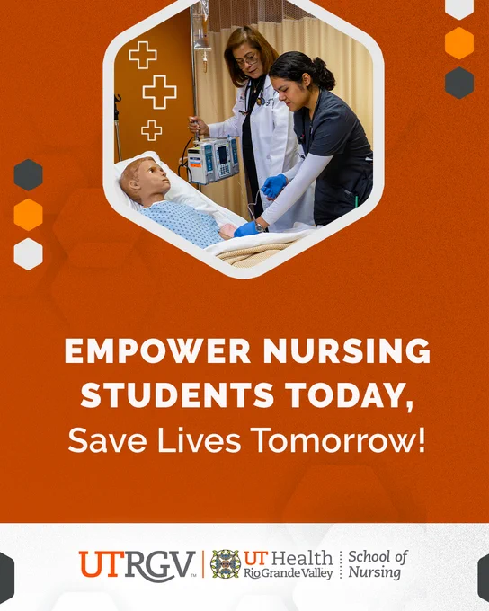 Two nurses practicing IV care on a patient mannequin; message urges empowering nursing students to save lives tomorrow.