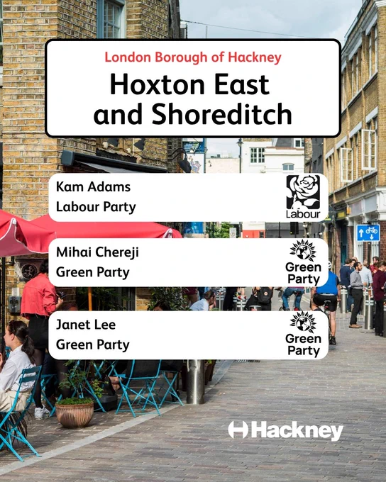 Elected in Hoxton East and Shoreditch: Kam Adams (Labour), Mihai Chereji (Green), Janet Lee (Green).