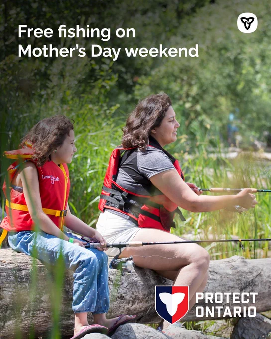 Text: Free fishing on Mother’s Day weekend 
A mother and daughter fishing while sitting on a fallen log.