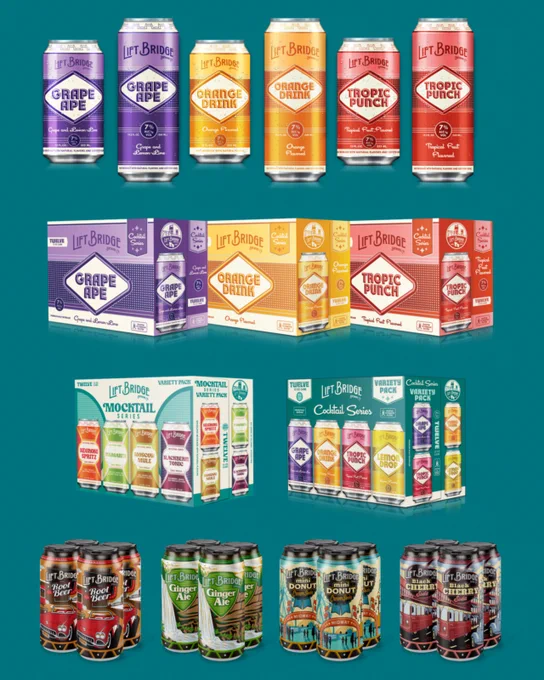 A colorful display of Lift Bridge beverage cans and packs, featuring various flavors like Grape Ape, Orange Drink, and Tropic Punch. The image presents an inviting arrangement against a teal background, emphasizing the brand's diverse offerings.