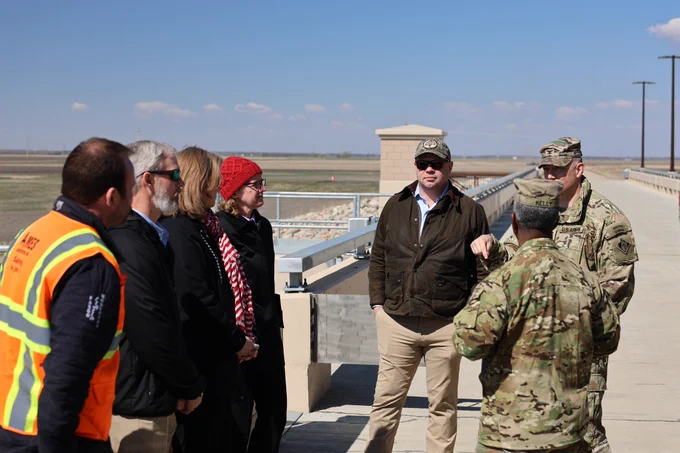Assistant Secretary of the Army for Civil Works Adam Telle, center, receives briefs on the Fargo, North Dakota/Moorhead, Minnesota, Metro Area Flood Risk Management project, from members of the St. Paul District May 7.

Honorable Telle and U.S. Army Corps of Engineers Deputy Commanding General for Civil and Emergency Operations Maj. Gen. Jason E. Kelly visited the project and celebrated the signing of an amended project partnership agreement project.

The project exemplifies the USACE Building Infrastructure Not Paperwork initiative. Through effective leadership, the St. Paul District was able to cut red tape, identify and implement efficiencies with strong partnerships and is delivering infrastructure to the region 10 years sooner than the traditional delivery methods. The project is on track to be ready in spring 2027.
