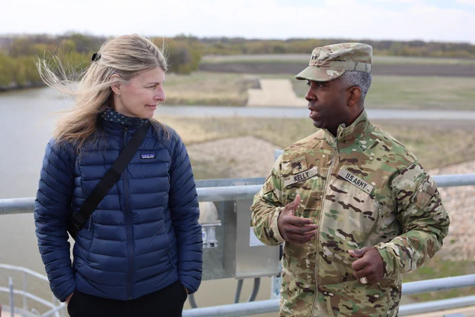 Terry Williams, U.S. Army Corps of Engineers, St. Paul District, Fargo, North Dakota/Moorhead, Minnesota, Metro Area Flood Risk Management program manager, left, briefs U.S. Army Corps of Engineers Deputy Commanding General for Civil and Emergency Operations Maj. Gen. Jason E. Kelly  on the Fargo, North Dakota/Moorhead, Minnesota, Metro Area Flood Risk Management project, during a tour May 7.

Assistant Secretary of the Army for Civil Works Adam Telle and Kelly visited the project and celebrated the signing of an amended project partnership agreement project.

The project exemplifies the USACE Building Infrastructure Not Paperwork initiative. Through effective leadership, the St. Paul District was able to cut red tape, identify and implement efficiencies with strong partnerships and is delivering infrastructure to the region 10 years sooner than the traditional delivery methods. The project is on track to be ready in spring 2027.

