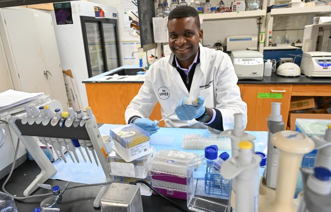 University of Maryland Eastern Shore Assistant Professor Eguono “Wayne” Omagamre in his lab.