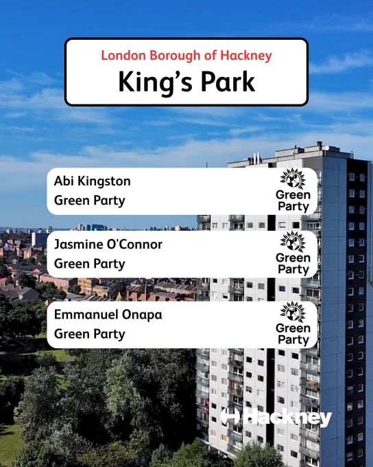 Elected in King's Park ward: Abi Kingston, Jasmine O'Connor, Emmanuel Onapa, all Green Party.