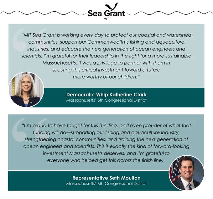 Graphics with quotes from Congressional Representatives. Democratic Whip Katherine Clark's quote says, 'MIT Sea Grant is working every day to protect our coastal and watershed communities, support our Commonwealth’s fishing and aquaculture industries, and educate the next generation of ocean engineers and scientists. I’m grateful for their leadership in the fight for a more sustainable Massachusetts. It was a privilege to partner with them in securing this critical investment toward a future more worthy of our children.” Rep. Seth Moulton's quote says, 'I’m proud to have fought for this funding, and even prouder of what that funding will do—supporting our fishing and aquaculture industry, strengthening coastal communities, and training the next generation of ocean engineers and scientists. This is exactly the kind of forward-looking investment Massachusetts deserves, and I’m grateful to everyone who helped get this across the finish line.'