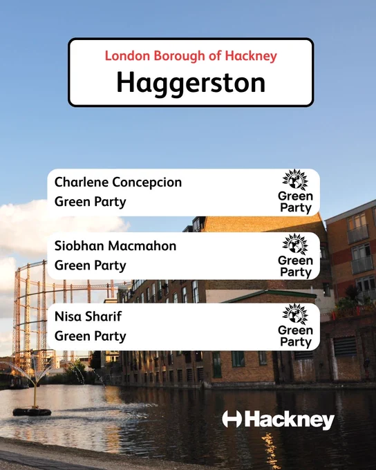 Elected in Haggerston: Charlene Concepcion, Siobhan Macmahon, Nisa Sharif, all Green Party