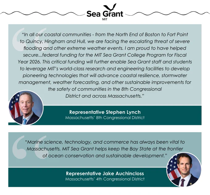Graphics with quotes from Congressional Representatives. Rep. Stephen Lynch's quote says, 'In all our coastal communities - from the North End of Boston to Fort Point to Quincy, Hingham and Hull, we are facing the escalating threat of severe flooding and other extreme weather events. I am proud to have helped secure...federal funding for the MIT Sea Grant College Program for Fiscal Year 2026. This critical funding will further enable Sea Grant staff and students to leverage MIT’s world-class research and engineering facilities to develop pioneering technologies that will advance coastal resilience, stormwater management, weather forecasting, and other sustainable improvements for the safety of communities in the 8th Congressional District and across Massachusetts.' Rep. Jake Auchincloss' quote says, 'Marine science, technology, and commerce has always been vital to Massachusetts. MIT Sea Grant helps keep the Bay State at the frontier of ocean conservation and sustainable development.'