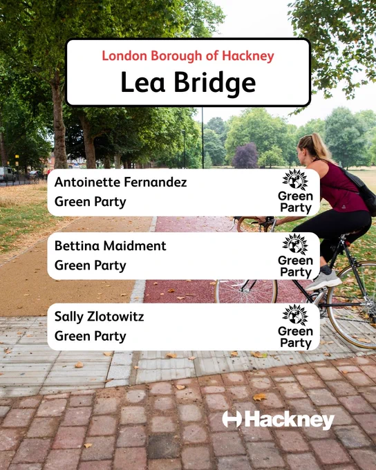 Elected in Lea Bridge Ward: Antoinette Fernandez, Bettina Maidment, Sally Zlotowitz (all Green Party)