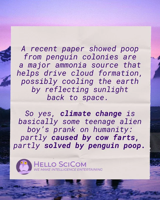 Science-comedy graphic from Hello SciCom about research suggesting penguin poop may help cool the Earth by contributing to cloud formation. The punchline jokes that climate change is partly caused by cow farts and partly solved by penguin poop.