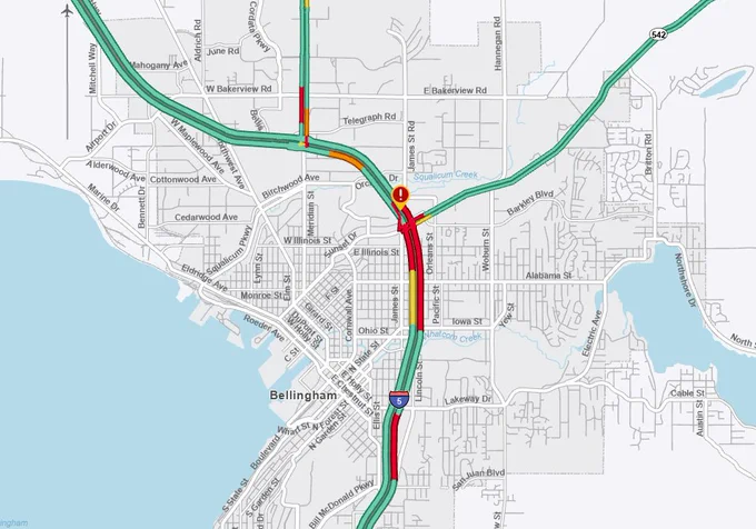 A map with a red line indicating where northbound I-5 is blocked due to an incident. 