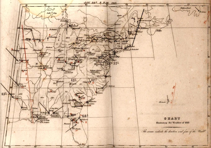 A weather map from January 30, 1843, produced by James Pollard Espy. Image credit: NOAA Photo Library, Wea05013 (9627284429) (cropped), CC BY 2.0.