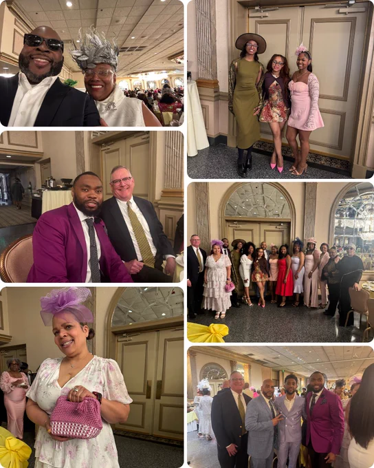 A lively indoor event featuring stylishly dressed attendees in various outfits, hats, and accessories. The atmosphere is warm and celebratory.
