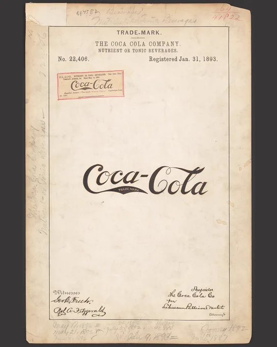 The 1893 Coca-Cola trademark registration paperwork, featuring the distinctive cursive of the Coca-Cola logo.