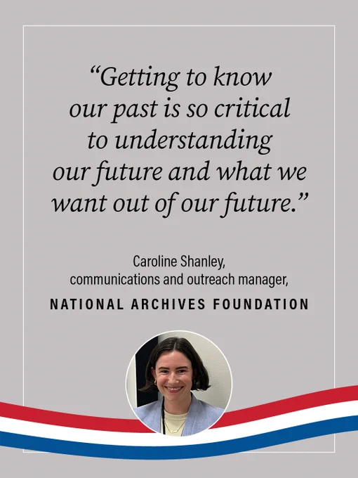 Quote from Caroline Shanley on grey background, round photo of Caroline in a blue jacket, and red, white, and blue swoosh at the bottom