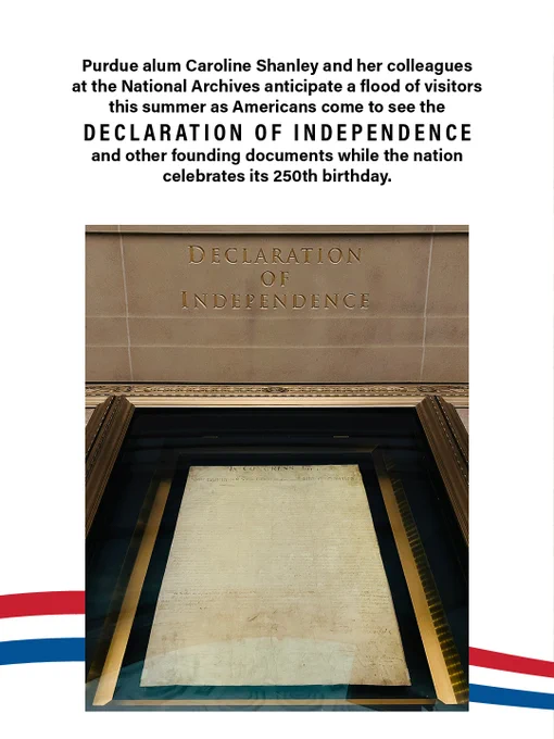 Declaration of Independence document in a case to view with red, white, blue swish behind photo