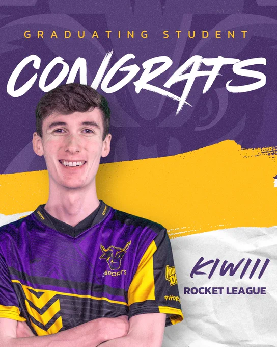 Graduating student graphic featuring a Maverick Esports Rocket League player wearing a purple and yellow jersey with arms crossed. The background is purple and gold with bold text reading “Graduating Student” and “Congrats.” The name “Kiwii” and “Rocket League” appear in the bottom right.