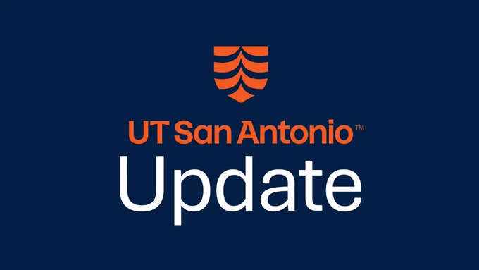 A navy blue graphic that says "UT San Antonio Update" in orange and white.