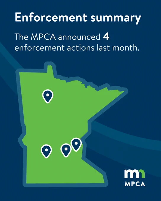 Map of Minnesota with pins indicating the locations of Waconia, Lino Lakes, Renville, and Solway, where the MPCA announced enforcement actions in April 2026.