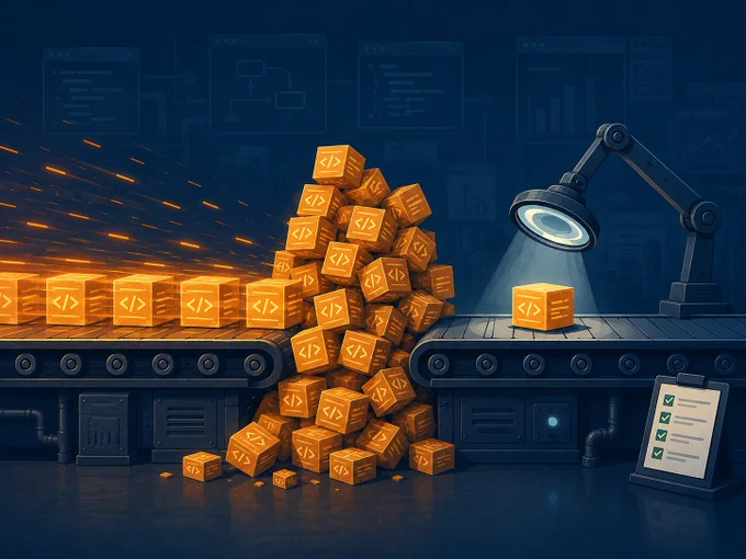 Illustration of an assembly line with orange code-marked boxes flying off a fast conveyor belt and piling up at the entrance to a slower validation conveyor, where a single box is being inspected under a lamp.