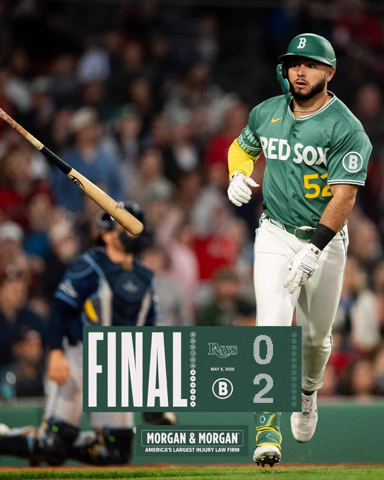 TEXT: FINAL - Rays 0, Red Sox 2. May 8, 2026.

IMAGE: Wilyer Abreu tosses his bat after hitting a home run against the Tampa Bay Rays at Fenway Park. He is wearing the Red Sox Fenway Greens uniform.