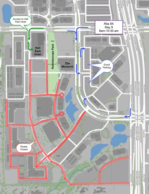 Map showing the route and road closures for the 5K event on May 9, from 6 a.m. to 10:30 a.m., in Hall Park. Red lines indicate closed roads, primarily on the west side, near Hall Park Hotel and Kaleidoscope Park. Blue arrows show the designated route leading to event parking east of the park. Green shading marks Kaleidoscope Park, with various buildings and streets labeled throughout. 