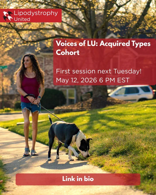 A Lipodystrophy United graphic for the “Voices of LU: Acquired Types Cohort.” The background photo shows a woman walking a black-and-white dog on a sunny sidewalk in a neighborhood. Text on the image reads: “Voices of LU: Acquired Types Cohort. First session next Tuesday! May 12, 2026 6 PM EST. Link in bio.”